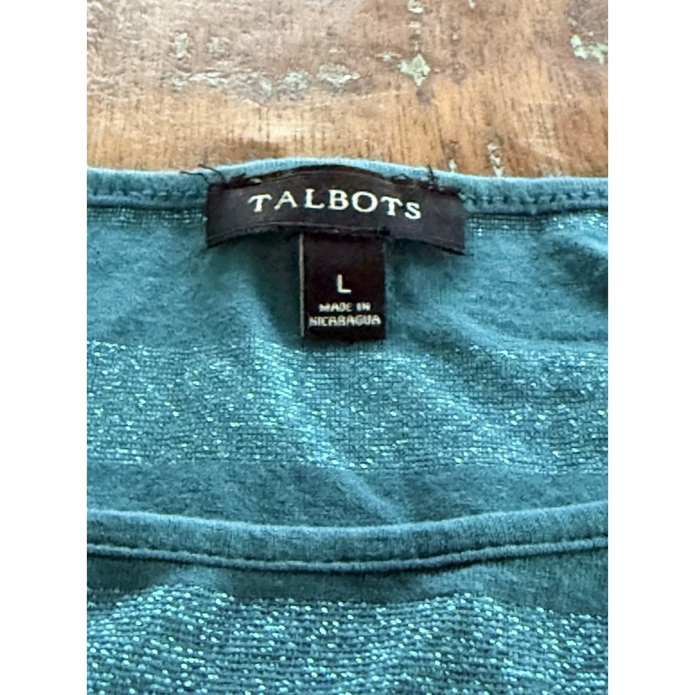 Talbots Womens Size Large Teal Glitter Sparkle Long Sleeve Blouse Shirt Top - Picture 3 of 5